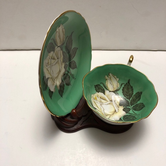 Paragon Double Warrant Cabbage Rose Tea Cup & Saucer Green Teacup Vintage - Picture 2 of 16